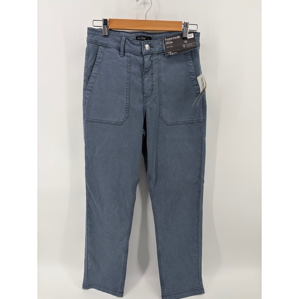 F&F Supersoft Slim Mid-Rise Utility Pants, Blue/Gray, Women's Size 12, NWT, P908